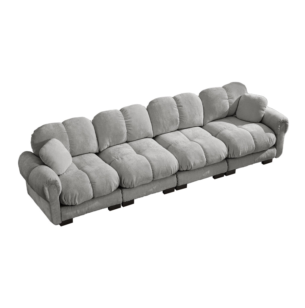 Divano modulare 330x86x90 cm in ciniglia grigio chiaro, cuscini spessi