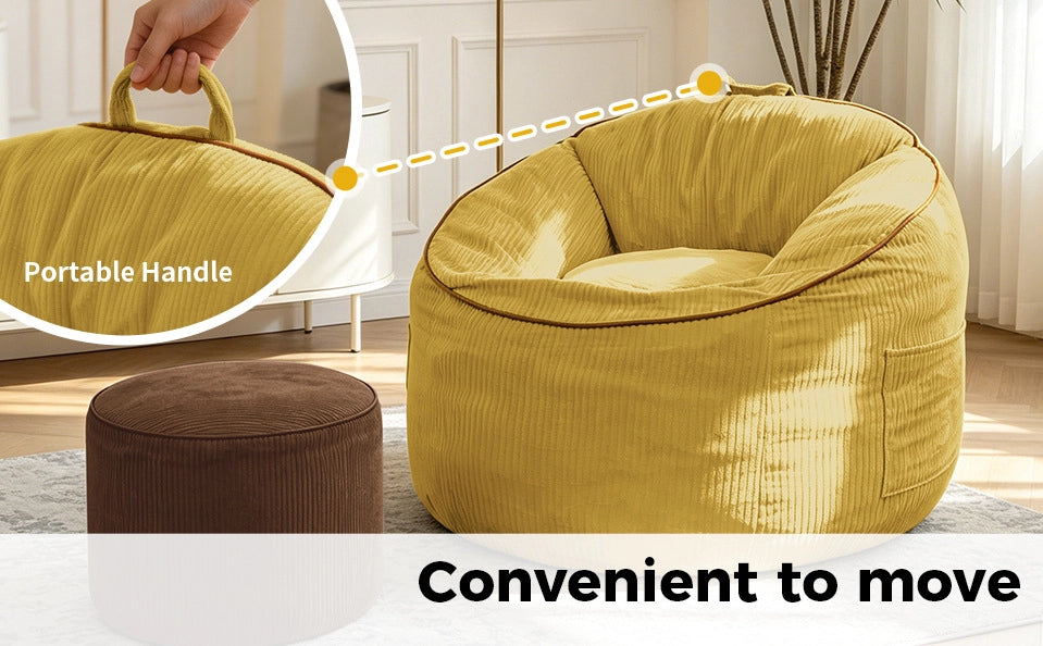 Poltrona curva ergonomica gialla con tasca laterale e pouf cilindrico