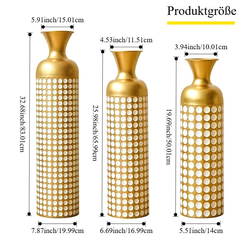 Set di vasi da pavimento 3 pezzi in metallo bronzo antico e bianco a pois per decorazioni interne ed esterne protette