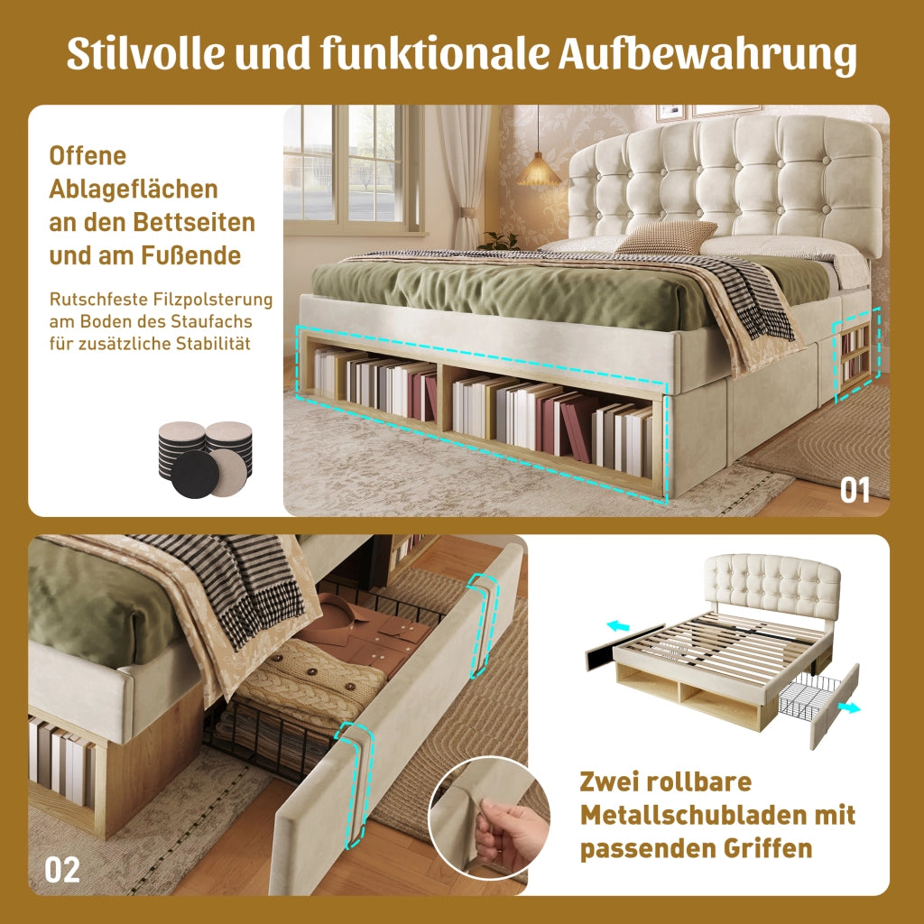 Letto matrimoniale imbottito 140 × 200 cm con rete a doghe testiera regolabile cassetti e vani contenitore beige