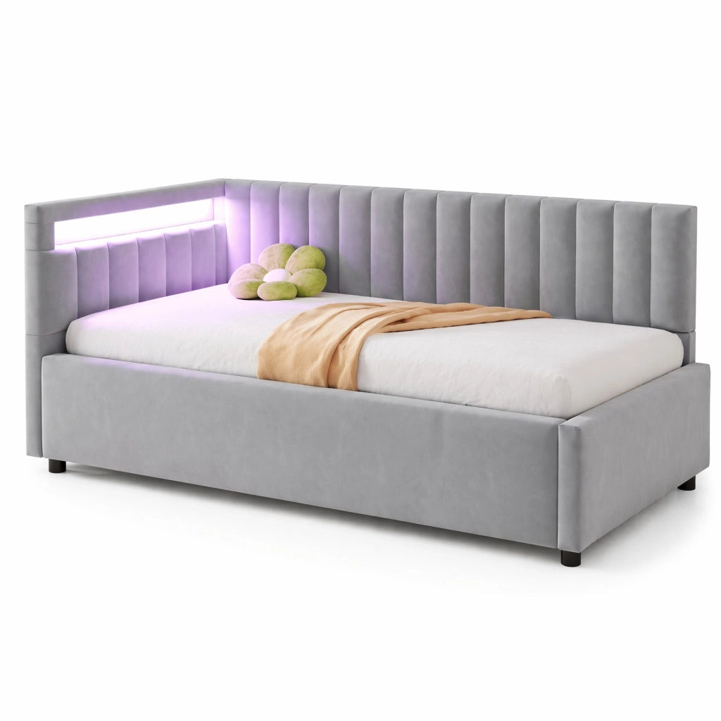 Letto singolo imbottito 90 × 200 cm con LED vano contenitore idraulico velluto grigio rete a doghe