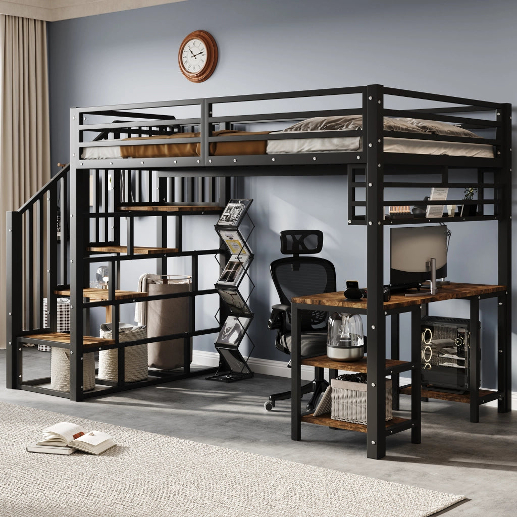Letto a soppalco per bambini 120 × 200 cm con scrivania scaffale scale con corrimano metallo e legno nero noce scuro