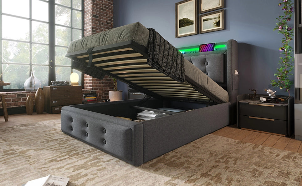 Letto singolo 90x200 cm con testiera imbottita, funzione di ricarica USB-C, struttura in legno e metallo, colore grigio, senza materasso