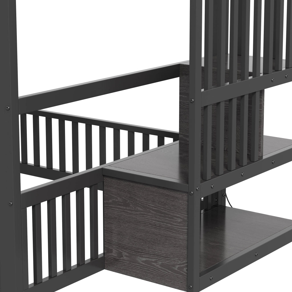 Letto a castello 140 x 200 cm con scala contenitore e illuminazione LED - Nero
