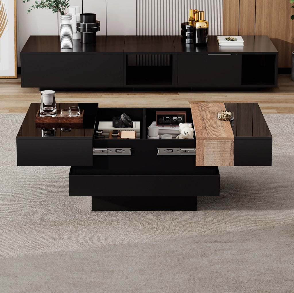 Tavolino da salotto quadrato 70x70x39 cm in MDF nero con piano estraibile e spazio contenitore nascosto