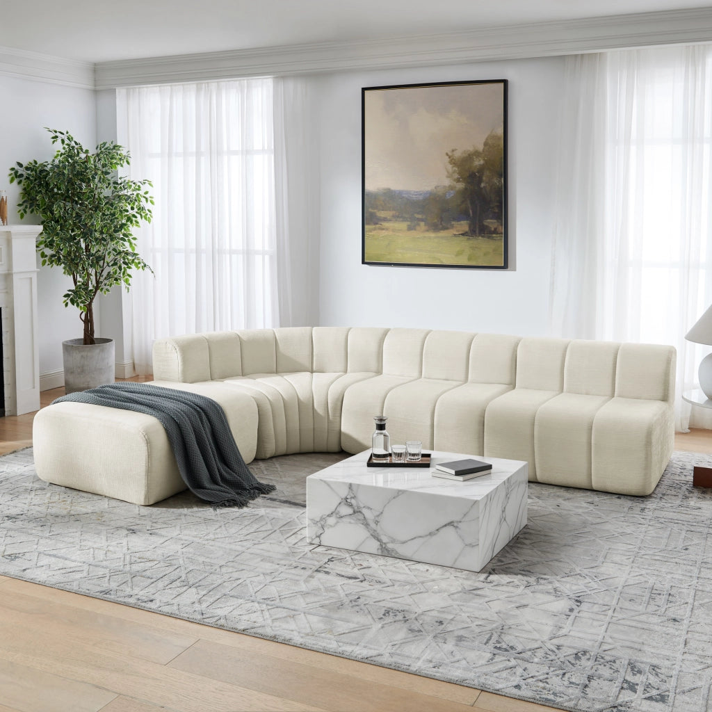 Divano angolare modulare in ciniglia beige con moduli componibili e schiuma elastica