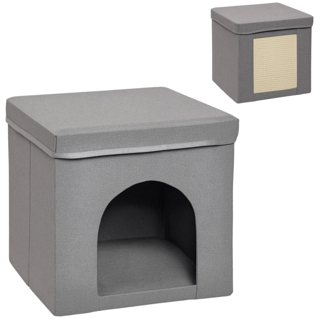 Casetta per Gatti Pieghevole a Cubo con Cuscino e Tappetino Tiragraffi, 36.5x36.5x36.5 cm, Grigio