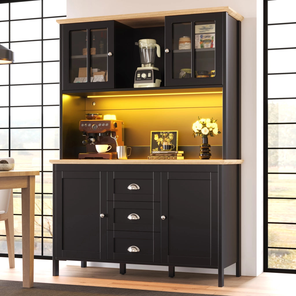 Credenza alta con LED; 4 ante; 3 cassetti e vano aperto in MDF nero con maniglie in metallo 120 × 40 × 179 cm