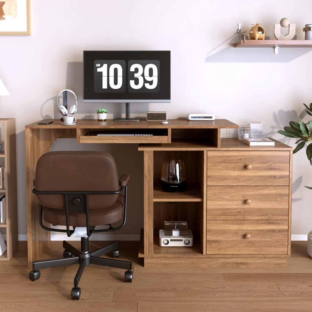 Scrivania estraibile ULEVR 110x40x75,5 cm con 3 cassetti, ripiani aperti e vassoio tastiera, finitura noce