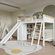 Letto a soppalco per bambini 90 × 200 cm con scivolo armadio e mobile contenitore in legno e MDF bianco naturale