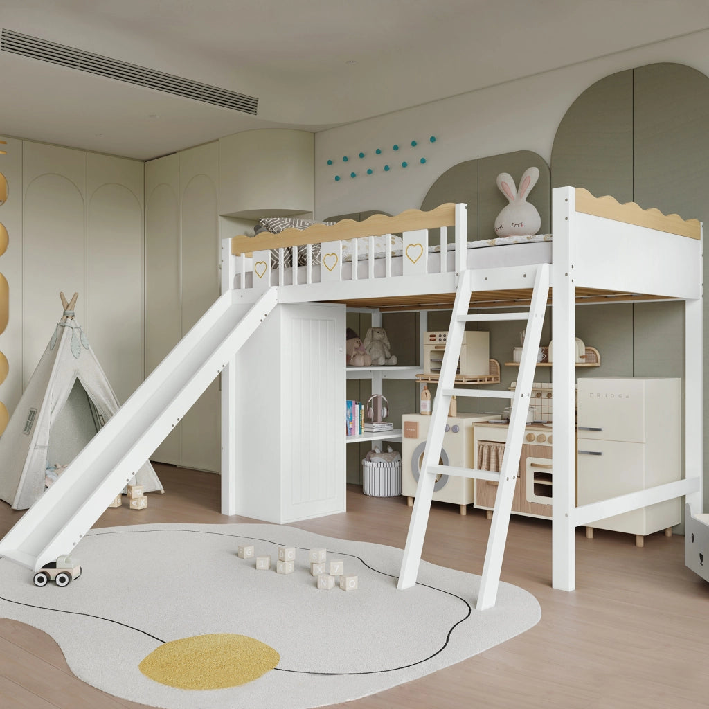 Letto a soppalco per bambini 90 × 200 cm con scivolo armadio e mobile contenitore in legno e MDF bianco naturale