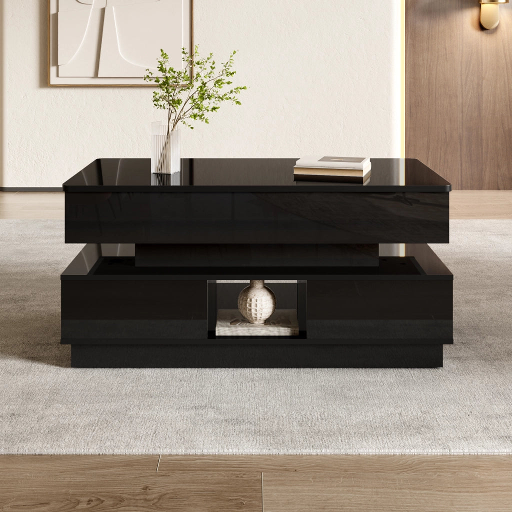 Tavolino da caffè alzabile con 1 cassetto, vani aperti, presa integrata e LED, in MDF nero, 90 × 48 × 42.5 cm