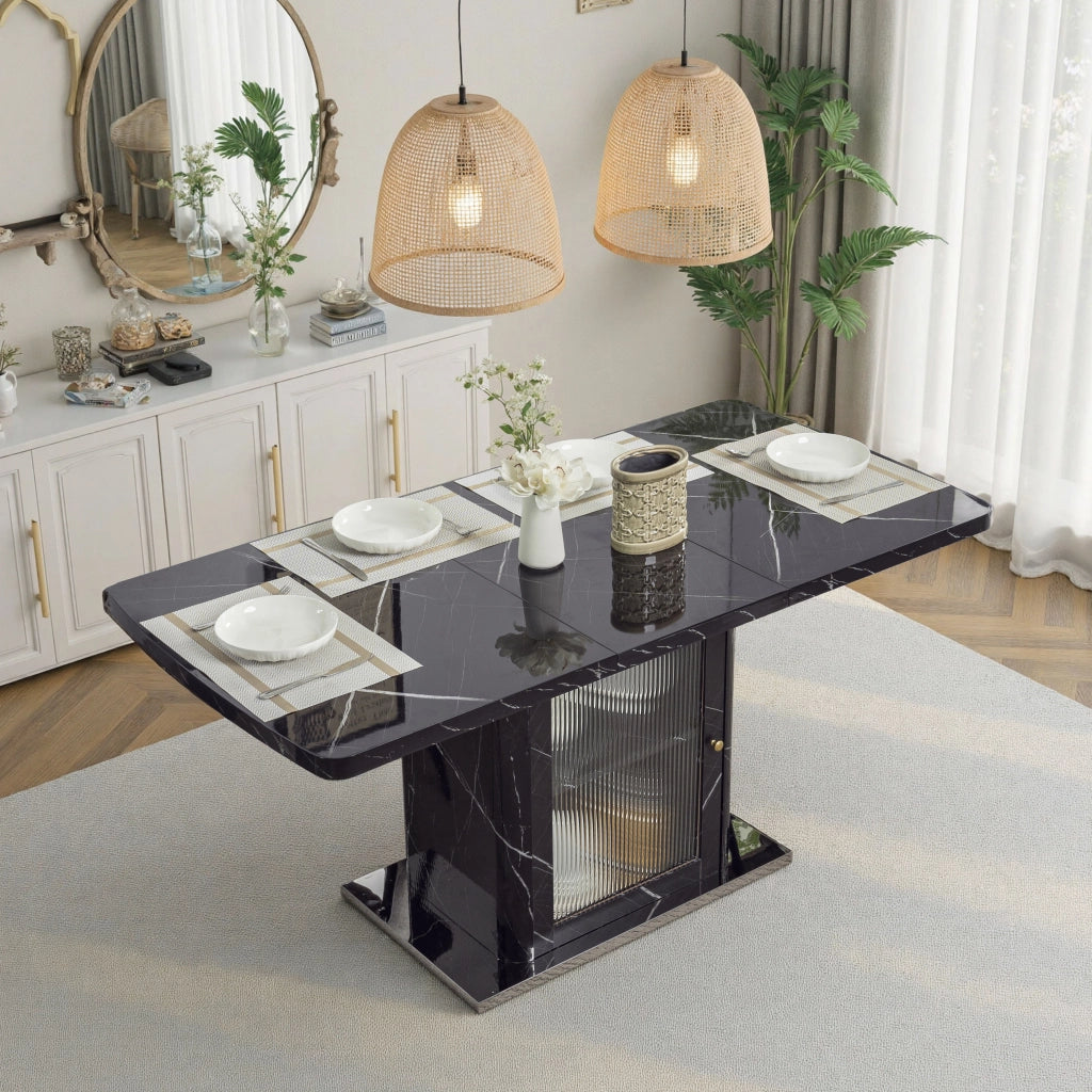 Tavolo da pranzo rettangolare allungabile 120-160x80 cm con mobile contenitore, nero marmo