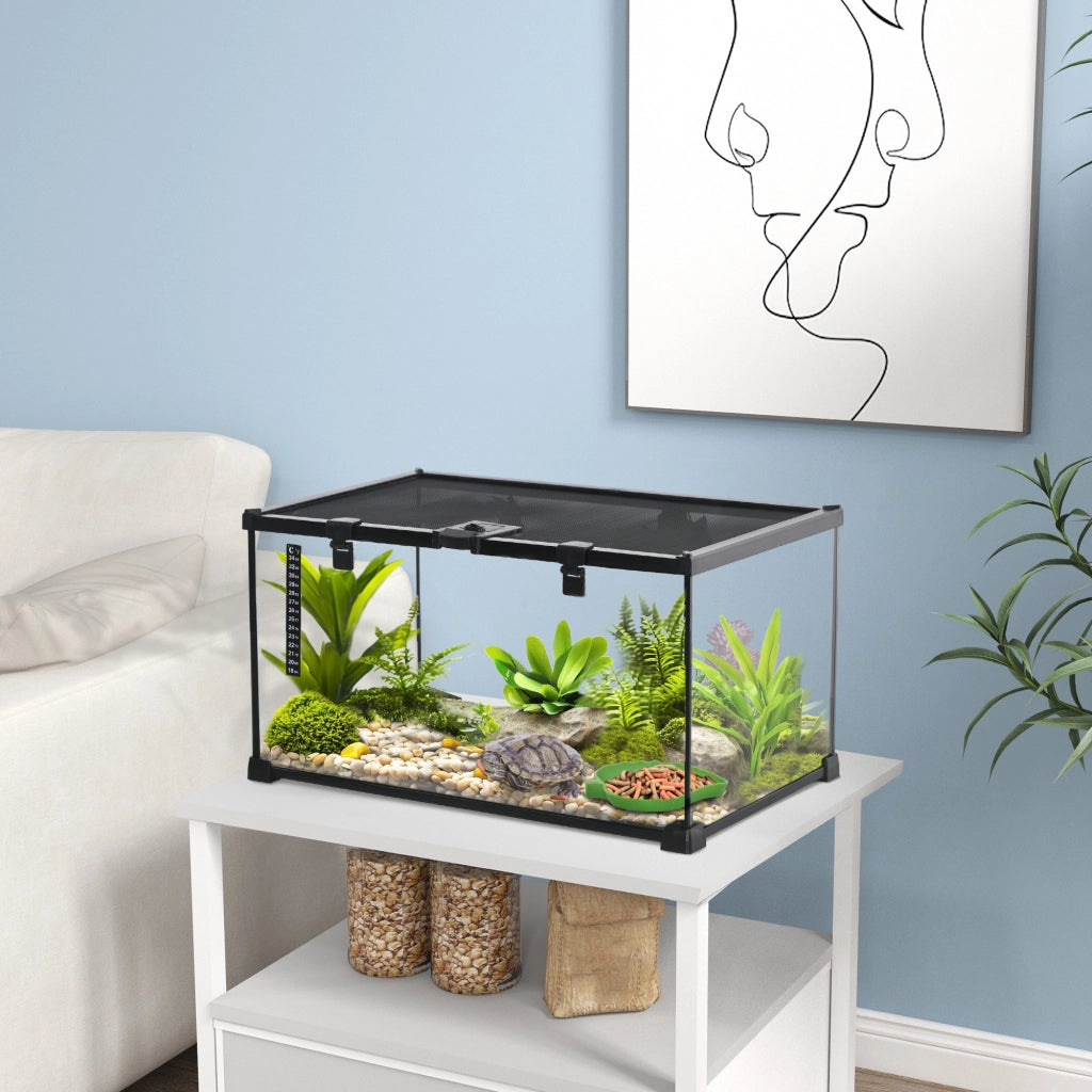 Terrario per Rettili con sportello e apertura di alimentazione - in acciaio - nero - 50×30×25 cm
