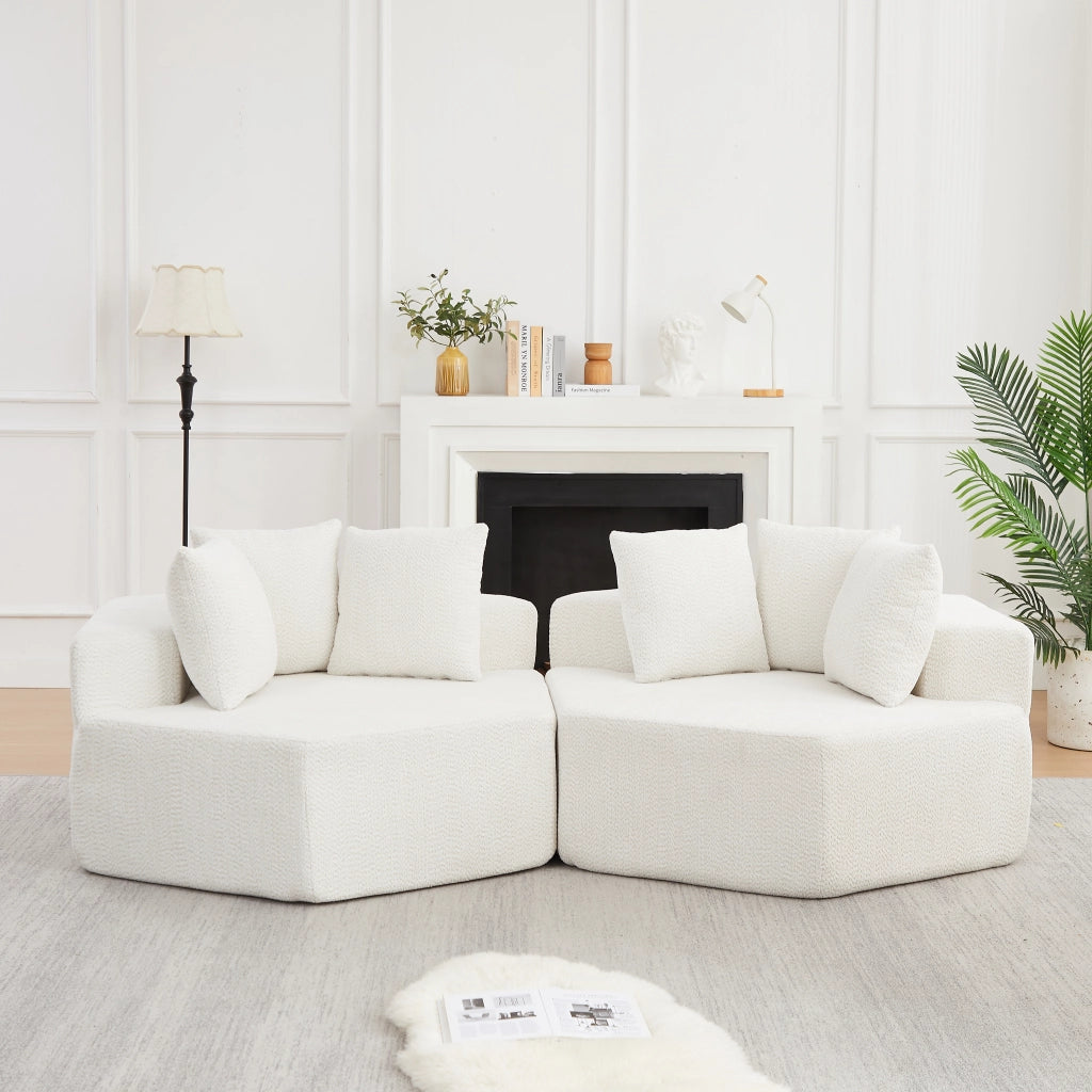 Poltrona lounge singola esagonale modulare in ciniglia a riccioli beige con tre cuscini e molle interne
