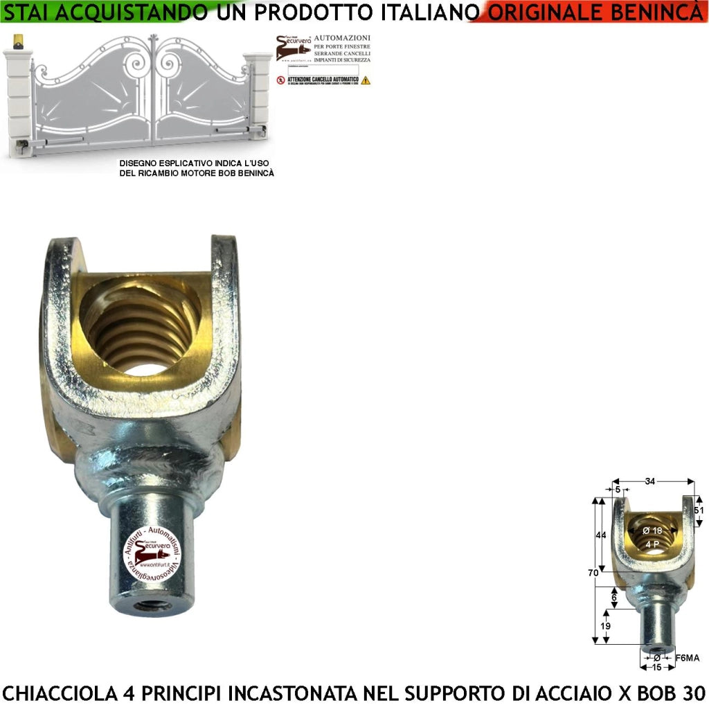 Ricambio del BOB30 Motore Cancello Battente Codice Benincà 120F2 Chiocciola di Traino Ottone per Vite Senza Fine a 4 Principi Incastonata Sulla Forcella di Acciaio Foro da 18 mm con 4 Filetti Perno