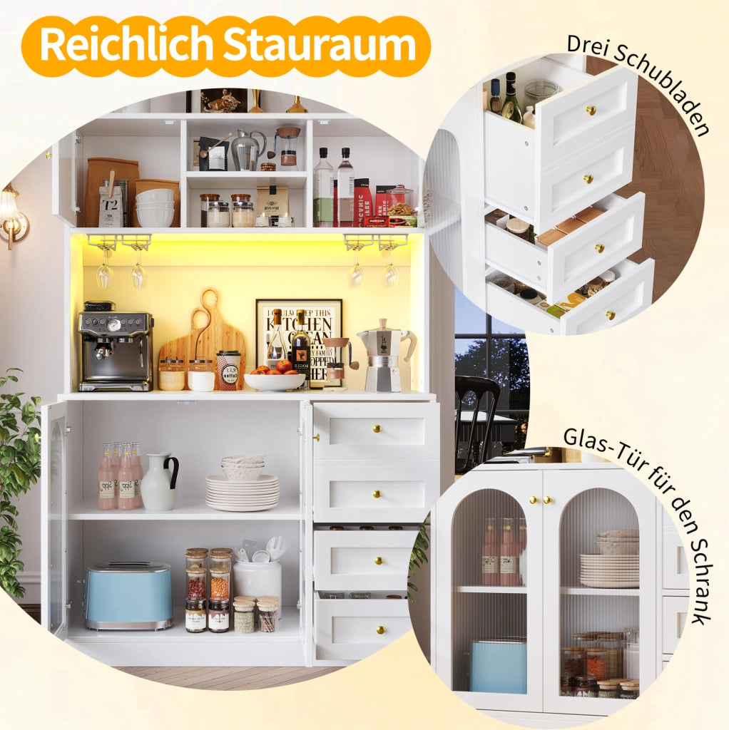 Credenza da cucina bianca con LED e vetro, 120x40x188 cm