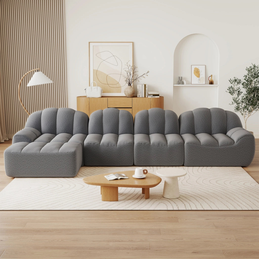 Divano modulare 366x165x79 cm in tessuto grigio, 4 posti con pouf