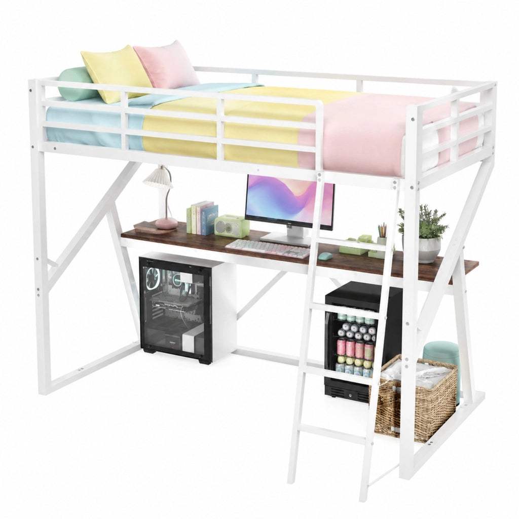 Letto a soppalco 90x200 con scrivania, scala e LED multicolore