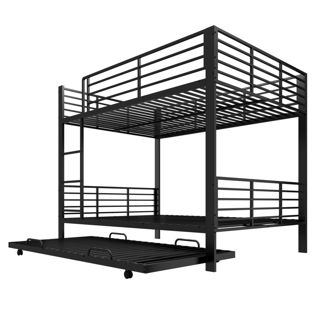 Letto a castello 140×200 cm 3 posti con letto estraibile e barriere di sicurezza, senza materasso, in metallo, nero