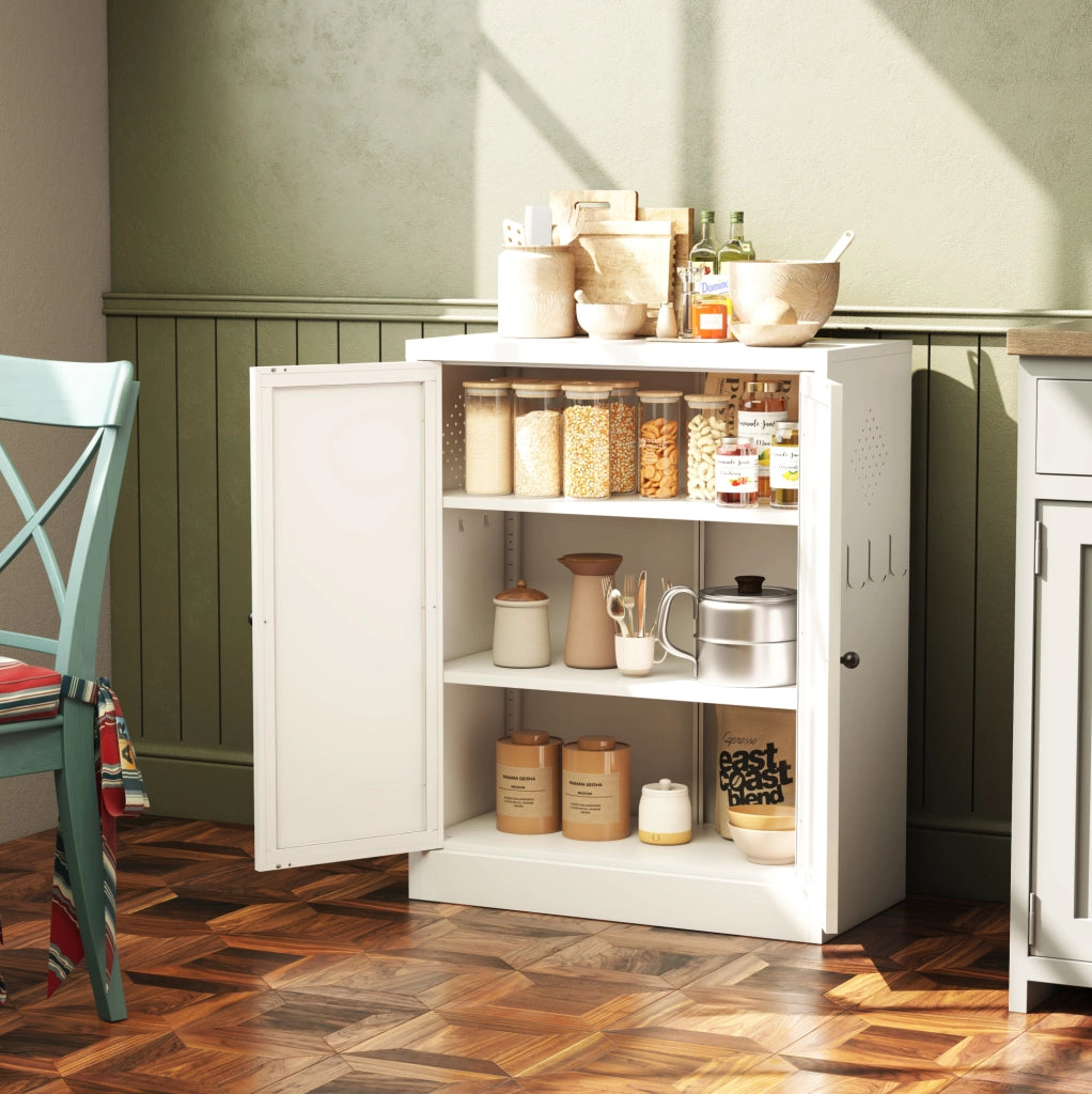Armadio dispensa ULEVR 88x70x35 cm in metallo bianco con 2 ripiani regolabili, ventilazione laterale e ganci esterni