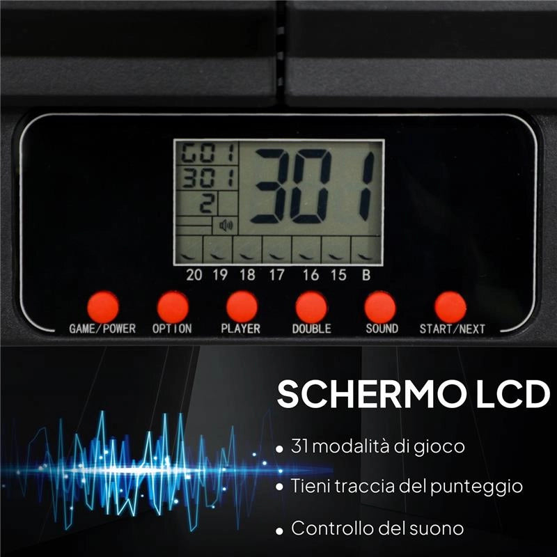 BERSAGLIO FRECCETTE ELETTRONICO CON 6 FRECCETTE E MONITOR LCD PER 31 GIOCHI, 83X45X4 CM, NERO E BLU