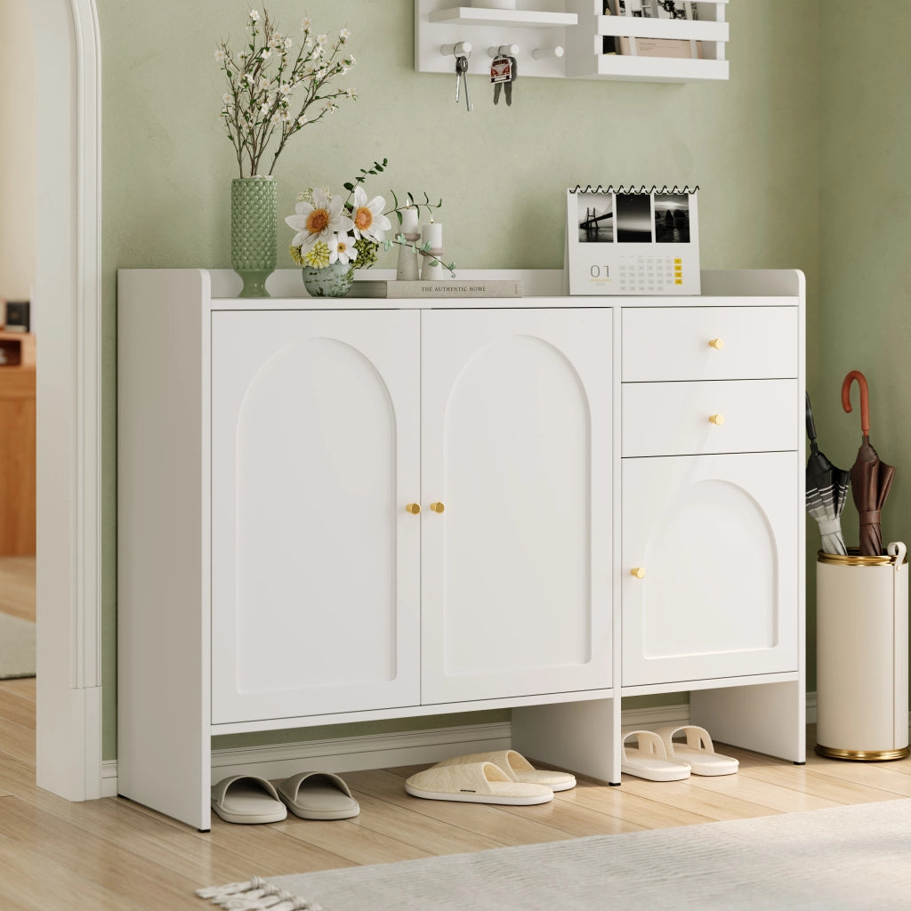 Scarpiera a 3 ante e 2 cassetti con ripiani regolabili in MDF e pannello di particelle bianca 120 × 35 × 90 cm