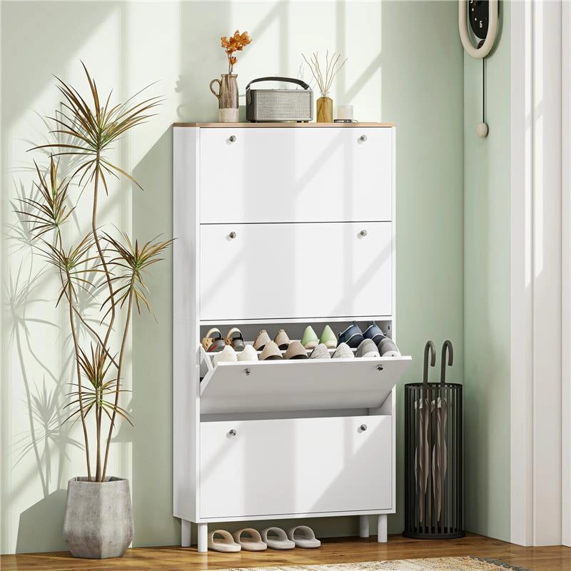 SCARPIERA SLIM CON 4 CASSETTI RIBALTABILI E RIPIANI REGOLABILI PER 24-32 SCARPE, 80X23.5X157 CM, BIANCO