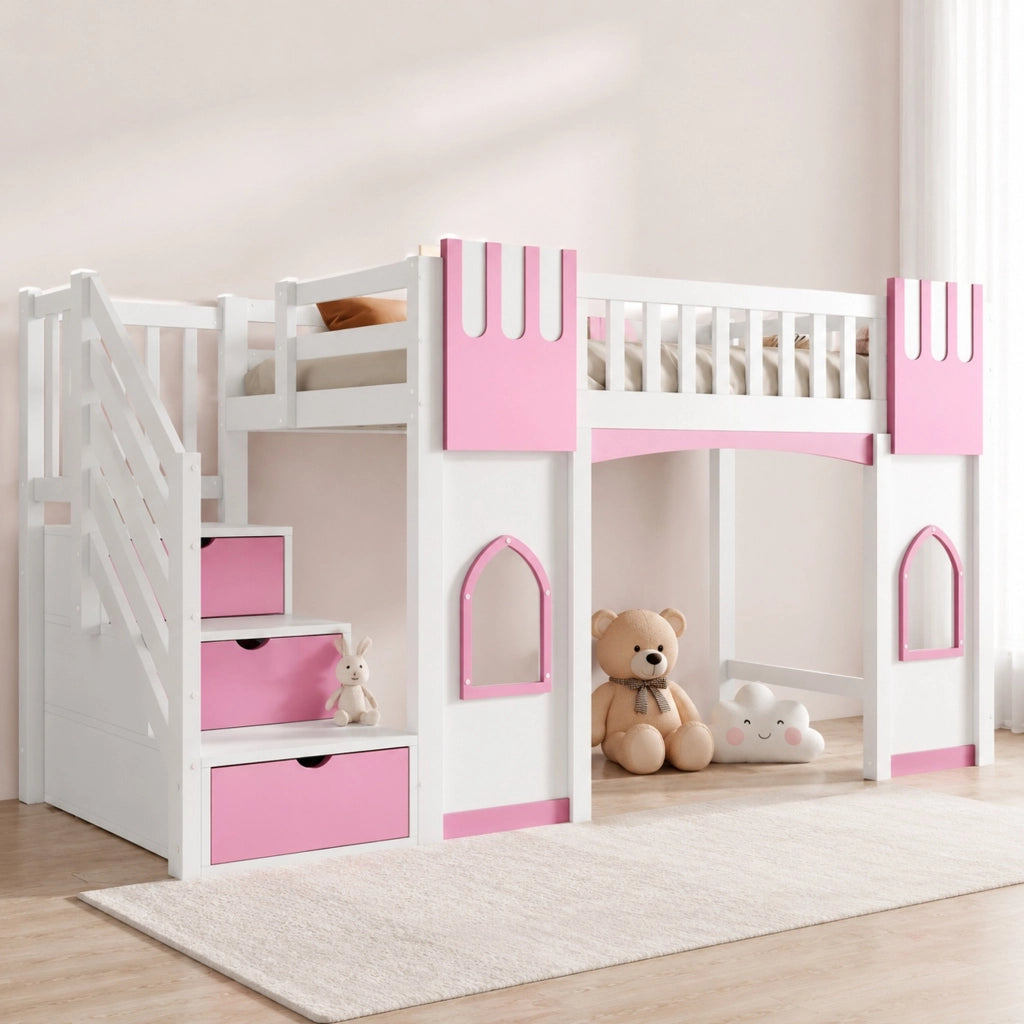 Letto a soppalco 90 × 200 cm con scala contenitore e finestre in legno bianco e rosa con 15 doghe