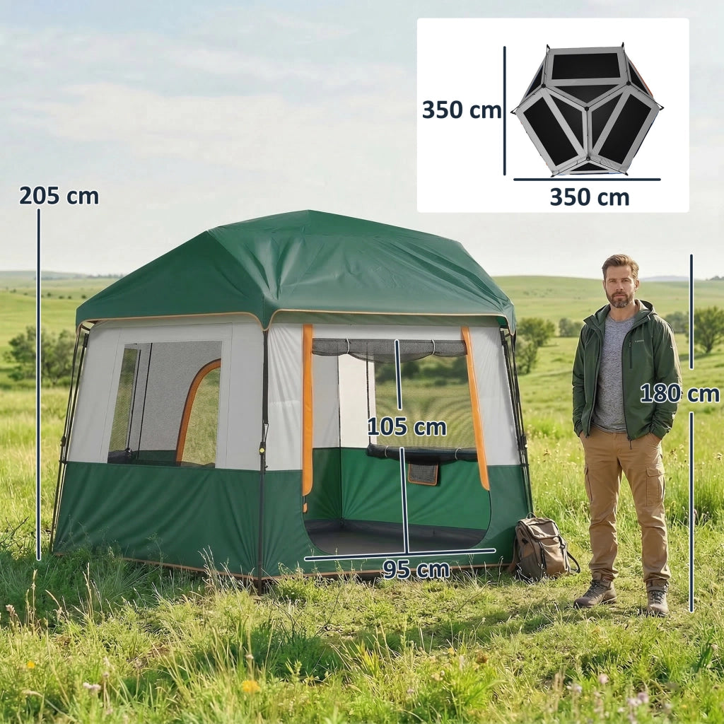 Tenda da campeggio per 4-6 persone verde impermeabile 3000 mm con protezione UV30+ e telo superiore rimovibile 350x350x205 cm