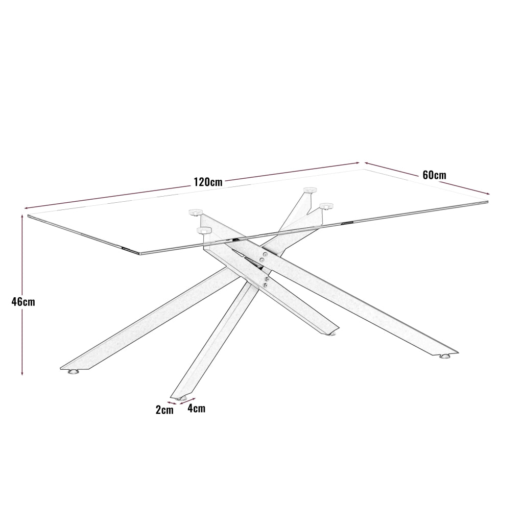 Tavolino basso fisso in vetro temprato con gambe in metallo nero rettangolare 120 × 60 × 46 cm