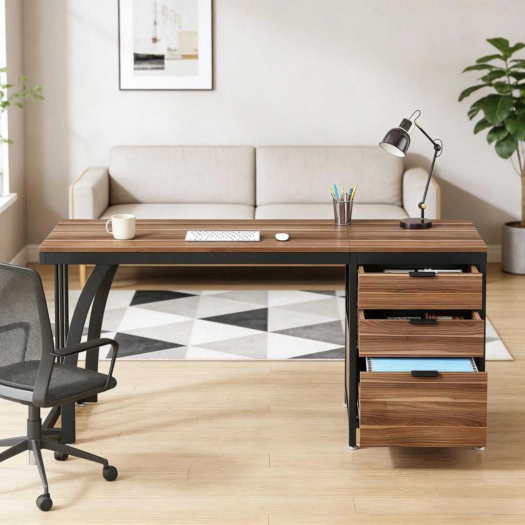 Scrivania dritta con tre cassetti e vano portadocumenti in legno noce e metallo nero 150 × 50 × 75 cm