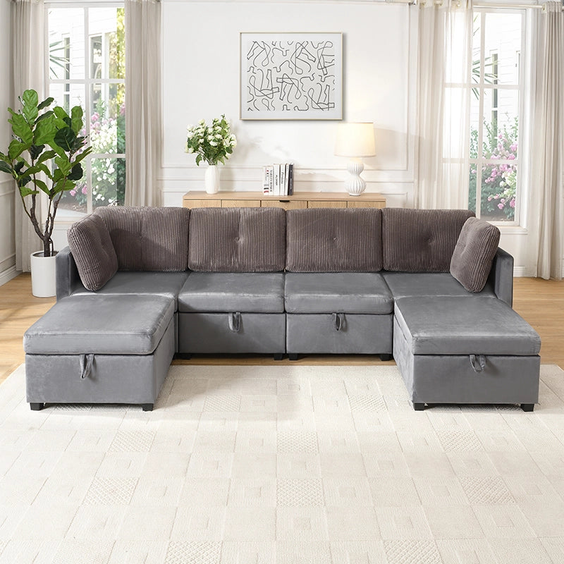 Divano modulare a U 6 moduli con contenitore e cuscini; velluto e cord; grigio antico