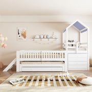 Letto per bambini a soppalco 90x200 cm con lettino estraibile 90x190 cm, struttura in legno massello bianco con scaletta laterale e cassettiera a 4 cassetti