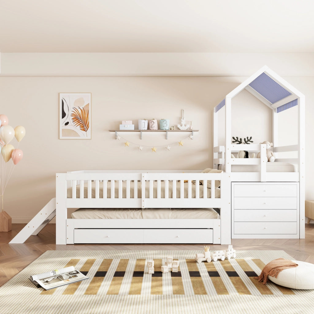 Letto per bambini a soppalco 90x200 cm con lettino estraibile 90x190 cm, struttura in legno massello bianco con scaletta laterale e cassettiera a 4 cassetti