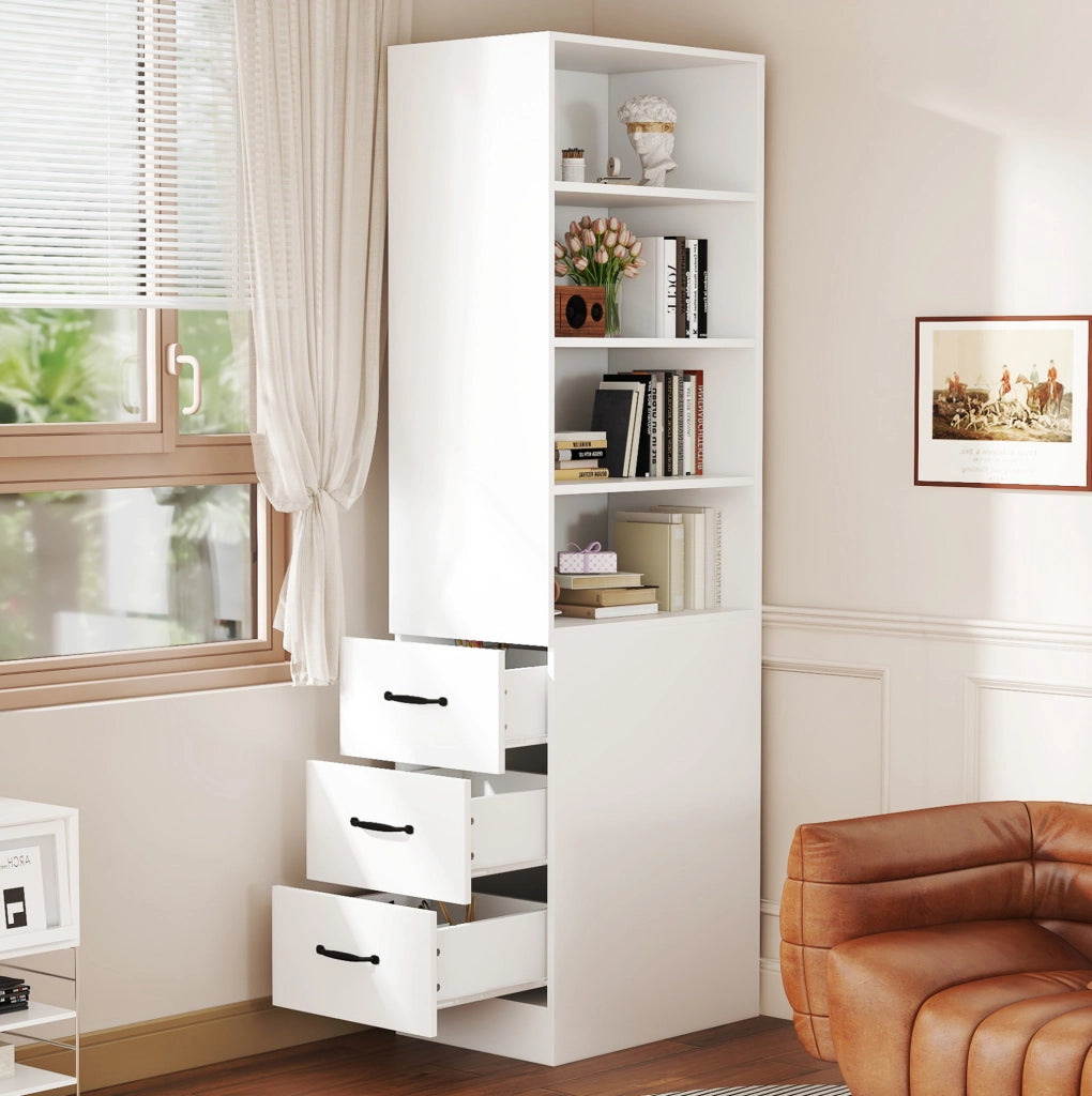 Libreria stretta alta 180 cm con cassetti laterali; bianco