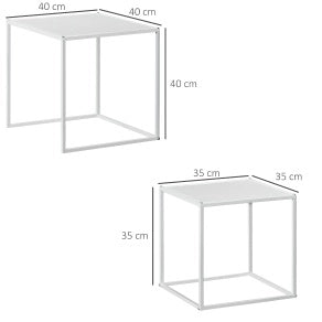 Set di 2 Tavolini Quadrati da Salotto con Struttura in Acciaio, Moderni, Bianchi, Dimensioni 40x40x40 cm e 35x35x35 cm