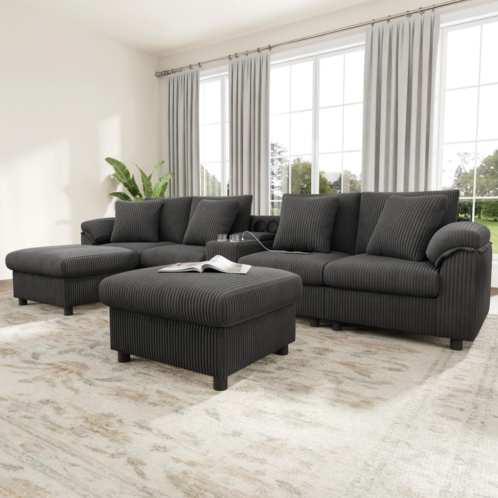 Divano modulare a U in velluto a coste con contenitore; Bluetooth; ricarica wireless; USB; cuscini; grigio 315;5 Ã— 144 Ã— 84;5 cm