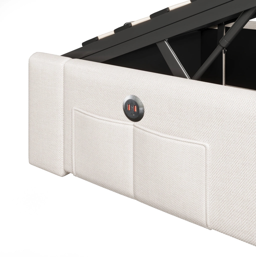 Letto imbottito 90x200 cm beige con LED, USB/Type-C e vano contenitore