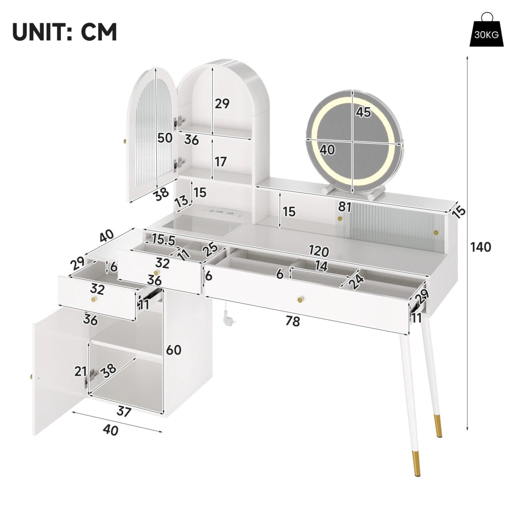 Toeletta bianca regolabile con specchio LED, prese e vano contenitore, 140×40×140 cm