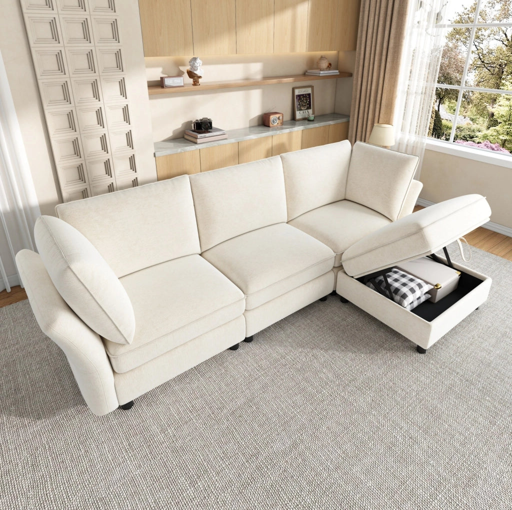Divano angolare modulare 4 posti con pouf contenitore in ciniglia beige HOMVRA