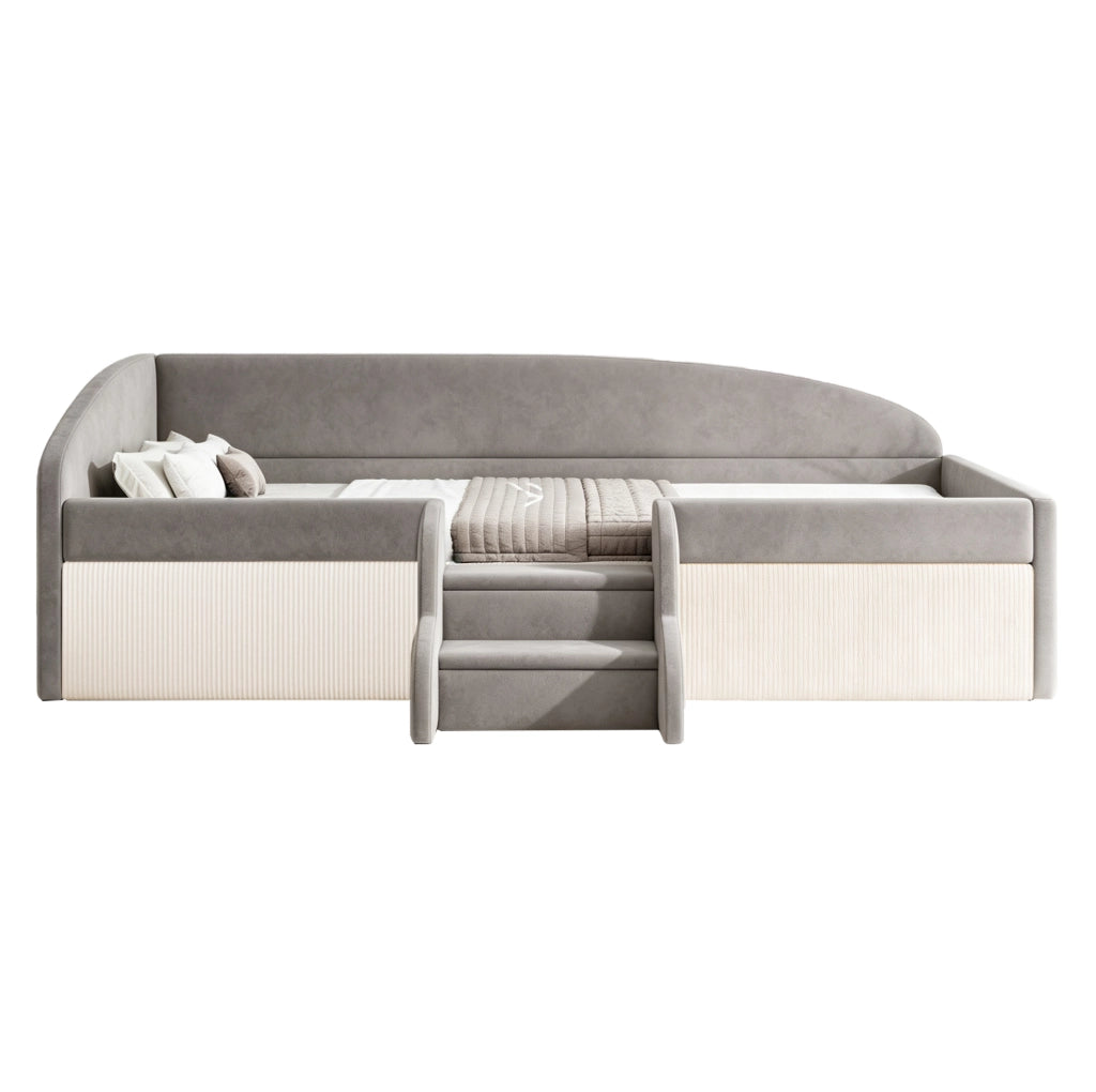 Letto imbottito per bambini 90x190 cm in tessuto vellutato anallergico con scale antiscivolo e protezioni laterali grigio