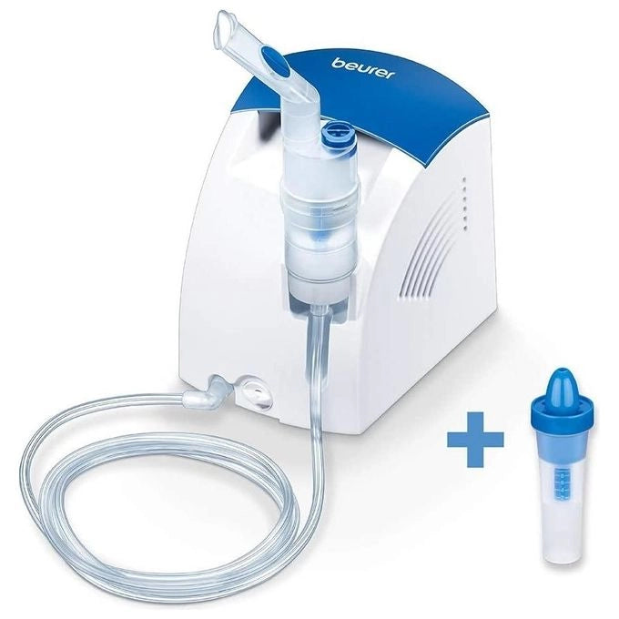 Beurer IH26 Inalatore Aerosol a Compressore con Doccia Nasale Accessori Completi Pressione 0.8 1.45 bar colore Bianco Blu