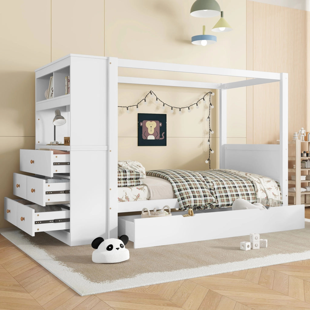 Letto singolo 90 × 200 cm con 5 cassetti e cassetto estraibile in legno bianco con sponde e barra superiore