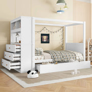 Letto singolo 90 × 200 cm con 5 cassetti e cassetto estraibile in legno bianco con sponde e barra superiore