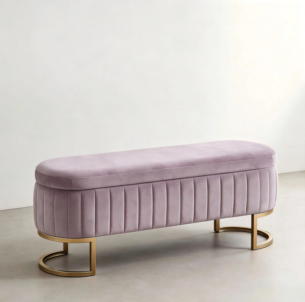 Panca contenitore in velluto rosa 130 cm con piedi dorati