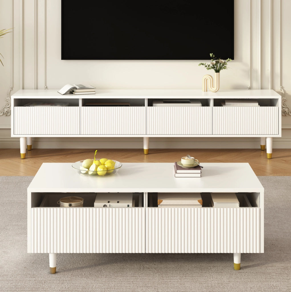 Set mobili moderno LED con mobile TV 4 ante e tavolino con 2 cassetti in MDF bianco con dettagli oro e illuminazione LED