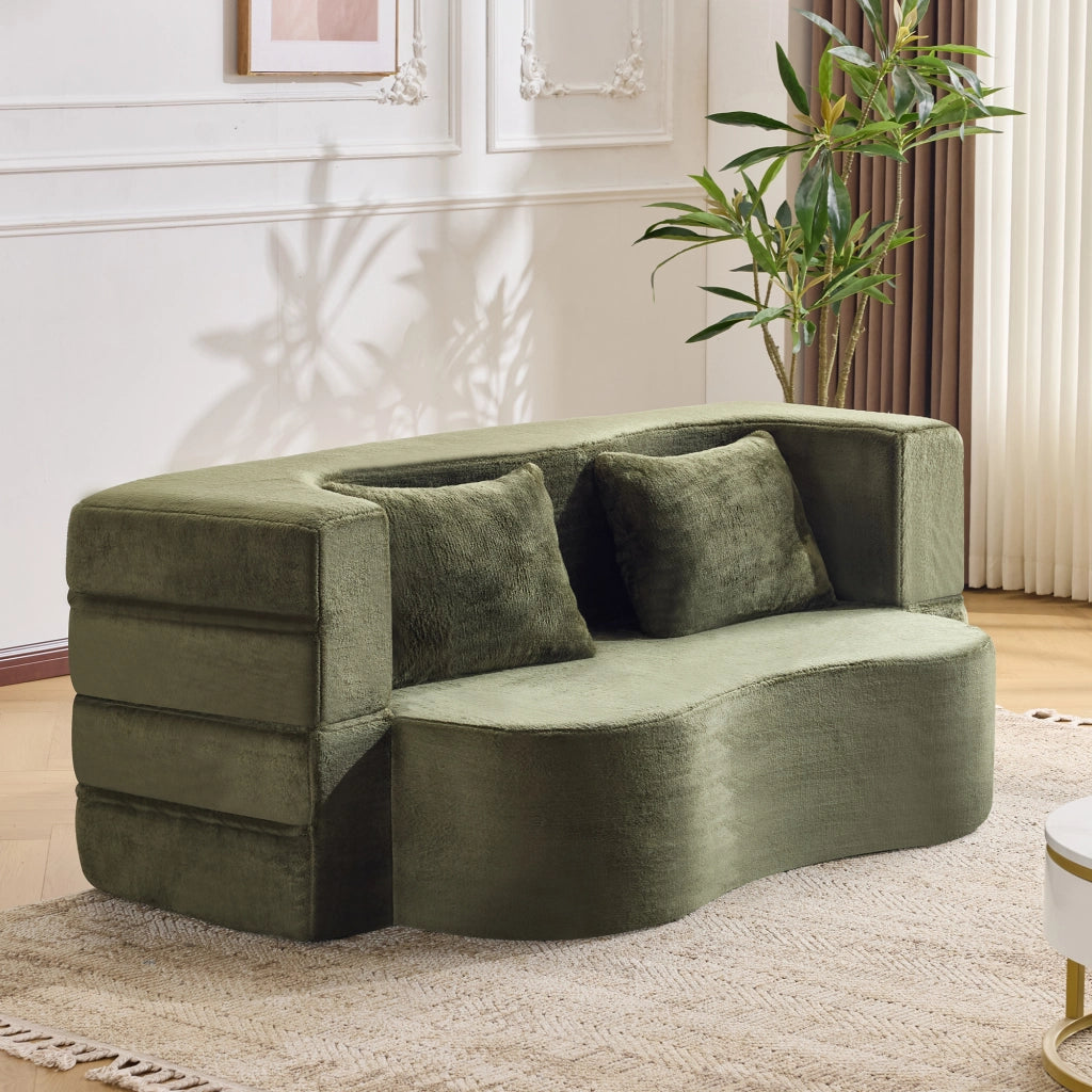 Divano letto pieghevole 2 in 1 in schiuma verde oliva con 2 cuscini