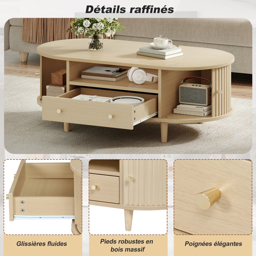 Tavolino da salotto ovale con cassetto, vano aperto e 2 ante a rullo per soggiorno, in mdf rovere, 100 × 50 × 36 cm