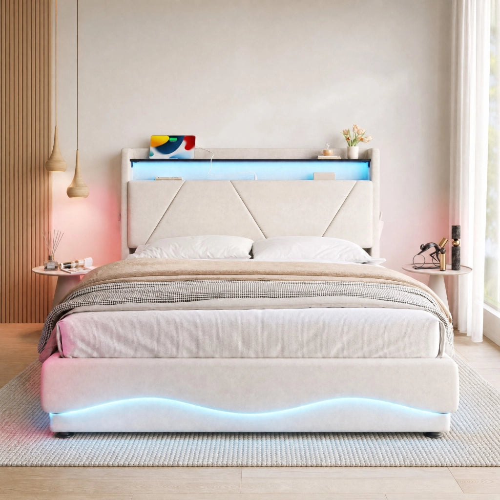 Letto matrimoniale imbottito 140 × 200 cm con contenitore velluto beige LED USB e Type-C testiera con ripiani